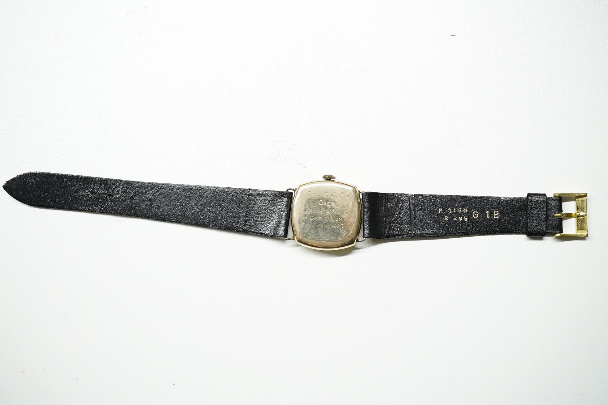 A gentleman's 1920's 14k Longines manual wind wrist watch, with Arabic dial and subsidiary seconds, case diameter 27mm, on associated leather strap, with associated Longines box. Condition - poor